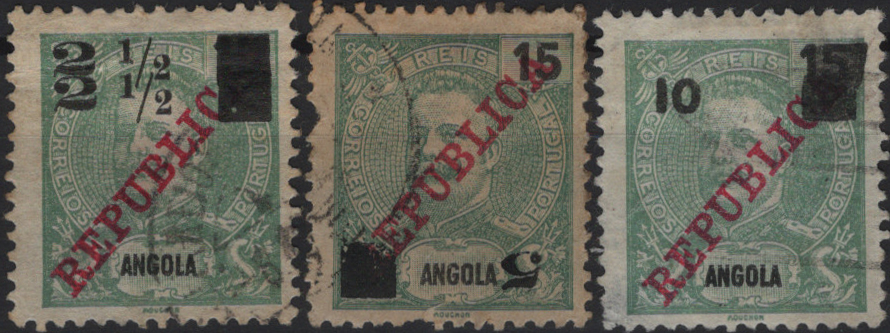 0796.jpg -     Lote:    796            Angola       Descrição:         1912 &mdash; D. Carlos I Mouchon, com sobretaxa. Mf 113/115. Série completa com diversos erros: Mf113 com DUPLA sobretaxa + Mf114 com a sobretaxa INVERTIDA (selo com um dente curto) e Mf115 com DUPLO quadrado a inutilizar a taxa.         O       Valor Base:     &euro; 15,00     Valor Venda:     &euro;      