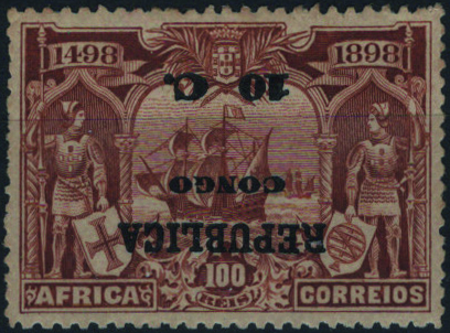 0798.jpg -     Lote:    798            Congo       Descrição:         1913 &mdash; 4.º Centenário da Descoberta do Caminho Marítimo para a Índia, sobrecarga e sobretaxa sobre selos de África. Mf81a, 10c s/ 100 reis castanho amarelo. Exemplar com goma original e charneira, com dois ligeiros pontos de óxido e com a SOBRETAXA INVERTIDA. Valor de catálogo &euro; 70.00.         **       Valor Base:     &euro; 20,00     Valor Venda:     &euro;      