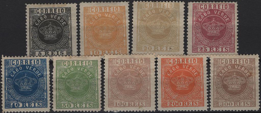 0800.jpg -     Lote:    800            Cabo Verde       Descrição:         1877 &mdash; Coroa. Mf 1/9. Série completa de selos FALSOS tipo FOURNIER. Exemplares sem defeitos nem reparações.         **       Valor Base:     &euro; 30,00     Valor Venda:     &euro;      
