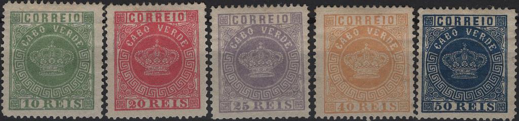 0801.jpg -     Lote:    801            Cabo Verde       Descrição:         1881/85 &mdash; Coroa. Novas cores. Mf 10/14. Série completa de selos FALSOS tipo FOURNIER. Exemplares sem defeitos nem reparações.         **       Valor Base:     &euro; 20,00     Valor Venda:     &euro;      
