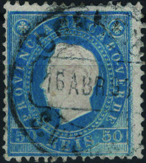 0803.jpg -     Lote:    803            Cabo Verde       Descrição:         1886 &mdash; D. Luís I, fita direita. Mf20a 50 reis azul, papel porcelana, denteado 12 Ÿ. Exemplar usado, sem defeitos nem reparações, com DUPLA IMPRESSÃO DA COR. Não catalogado.         O       Valor Base:     &euro; 60,00     Valor Venda:     &euro;      