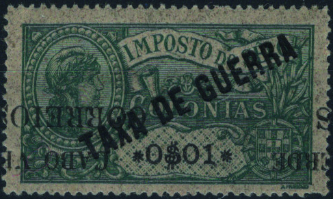 0805.jpg -     Lote:    805            Cabo Verde       Descrição:         1921 &mdash; Selos fiscais de África "TAXA DE GUERRA", com sobrecarga. Mf170, 0$01 verde, denteado 15x14. Exemplar com goma original e charneira com a SOBRETAXA INVERTIDA E DESLOCADA.          **       Valor Base:     &euro; 15,00     Valor Venda:     &euro;      