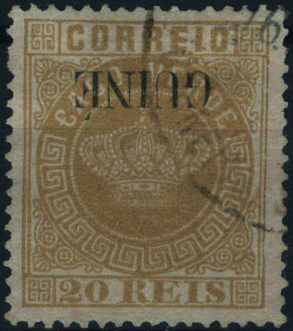 0810.jpg -     Lote:    810            Guiné       Descrição:         1879/84 &mdash; Coroa. Selos de Cabo Verde, com sobrecarga GUINÉ grande. MF12a, 20 reis bistre, papel liso, denteado 13 &frac12;. Exemplar usado, sem defeitos nem reparações, com a SOBRECARGA INVERTIDA. Não catalogado.         O       Valor Base:     &euro; 25,00     Valor Venda:     &euro;      