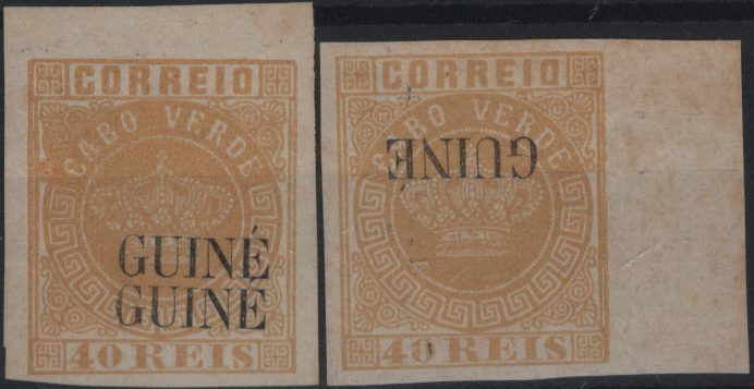 0811.jpg -     Lote:    811            Guiné       Descrição:         1885 &mdash; Coroa. Selos de Cabo Verde, com sobrecarga "GUINÉ" grande. Mf22, 40 reis amarelo. Lote com dois selos novos, bordos de folha, NÃO DENTEADOS, um com a sobrecarga INVERTIDA e outro com DUPLA SOBRECARGA. Exemplares com afloramentos de óxido.         *       Valor Base:     &euro; 25,00     Valor Venda:     &euro;      