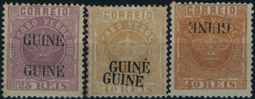 0812.jpg -     Lote:    812            Guiné       Descrição:         1885 &mdash; Coroa. Selos de Cabo Verde, com sobrecarga "GUINÉ" grande. Novas cores. Lote de 3 selos: MF21, 25 reis violeta, denteado 12 Ÿ com DUPLA sobrecarga; MF22, 40 reis amarelo, denteado 12 Ÿ com DUPLA sobrecarga FALSA; e MF22, 40 reis FALSO FOURBIER com sobrecarga INVERTIDA.         *       Valor Base:     &euro; 30,00     Valor Venda:     &euro;      