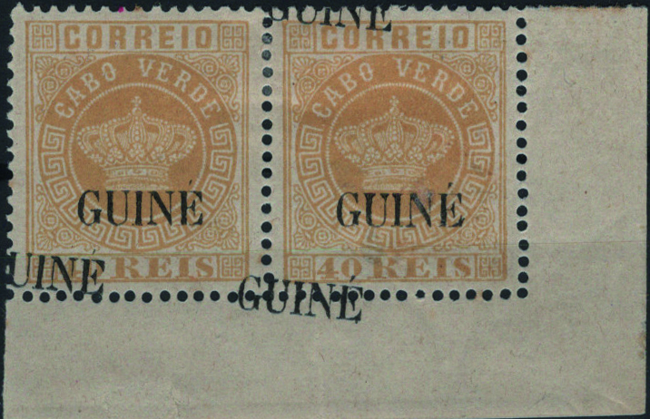 0814.jpg -     Lote:    814            Guiné       Descrição:         1885 &mdash; Coroa. Selos de Cabo Verde, com sobrecarga "GUINÉ" grande. Novas cores. MF22, 40 reis amarelo, denteado 12 Ÿ, papel liso médio. Par horizontal, canto de folha, sem defeitos nem reparações com DUPLA IMPRESSÃO da sobretaxa. MB e MR. Não catalogada.         **       Valor Base:     &euro; 50,00     Valor Venda:     &euro;      