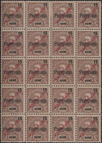 0818.jpg -     Lote:    818            Guiné       Descrição:         1913 &mdash; D. Carlos I, com sobrecarga "REPUBLICA" tipografada localmente. MF141A, 15 reis castanho "PROVISORIO". Bloco com 20 selos. Exemplar sem goma como emitido, sem defeitos nem reparações, com a SOBRECARGA INVERTIDA. Valor de catálogo &euro; 2.400,00.         *       Valor Base:     &euro; 300,00     Valor Venda:     &euro;      