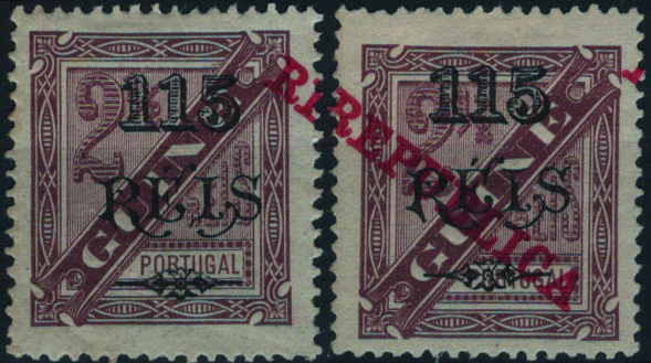0819.jpg -     Lote:    819            Guiné       Descrição:         1915 &mdash; D. Carlos I. Selos de 1902 com sobrecarga REPUBLICA da Casa da Moeda. MF163b, 115 s/ 2 &frac12; reis, papel liso, denteado 13 &frac12;. Lote com dois selos com a sobrecarga DESLOCADA. Não catalogada.         **/*       Valor Base:     &euro; 25,00     Valor Venda:     &euro;      