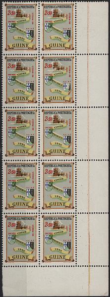 0821.jpg -     Lote:    821            Guiné       Descrição:         1955 &mdash; Viagem Presidencial. Mf283, 2$50. Bloco vertical com 10 selos (2x5), com impressão parcial do brasão direito do 4.º selo. Erro repetitivo na posição 70 da folha. Não catalogado.          ***       Valor Base:     &euro; 15,00     Valor Venda:     &euro;      