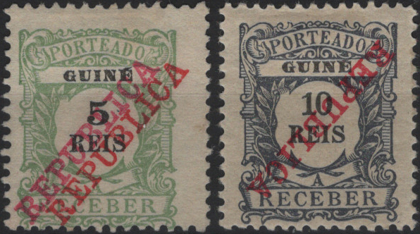 0822.jpg -     Lote:    822            Guiné       Descrição:         1911 &mdash; Porteado. Emissão regular com sobrecarga REPUBLICA da Casa da Moeda. MF POR 11/12, 5 e 10 reis. Exemplar de 5 reis com DUPLA sobrecarga e de 10 reis com a sobrecarga INVERTIDA.         **/*       Valor Base:     &euro; 20,00     Valor Venda:     &euro;      