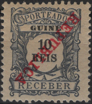 0823.jpg -     Lote:    823            Guiné       Descrição:         1911 &mdash; Porteado. Emissão regular. Tipo de 1904 com sobrecarga REPUBLICA da Casa da Moeda. Mf POR12, 10 reis ardósia. Exemplar com goma original e charneira, com s SOBRECARGA INVERTIDA.         **       Valor Base:     &euro; 10,00     Valor Venda:     &euro;      