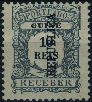 0825.jpg -     Lote:    825            Guiné       Descrição:         1919 &mdash; Porteado. Emissão Regular. Selos de 1904, com sobrecarga REPUBLICA local. MF POR21, 10 reis ardósia. Exemplar sem goma como emitido, com sobrecarga na VERTICAL. Erro supostamente clandestino.         *       Valor Base:     &euro; 15,00     Valor Venda:     &euro;      