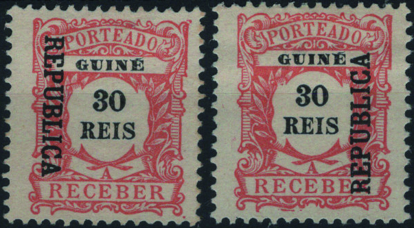 0826.jpg -     Lote:    826            Guiné       Descrição:         1919 &mdash; Porteado. Emissão Regular. Selos de 1904, com sobrecarga REPUBLICA local. MF POR23, 30 reis laranja. Lote com dois selos: um com a sobrecarga vertical de cima para baixo e outro com a sobrecarga vertical de baixo para cima. Erros supostamente clandestinos.         *       Valor Base:     &euro; 20,00     Valor Venda:     &euro;      