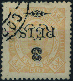 0827.jpg -     Lote:    827            Índia       Descrição:         1902 &mdash; D. Carlos I, tipo Diogo Neto, com sobretaxa. Mf177a, 3 reis s/ 4 &frac12; reis amarelo, denteado 12 Ÿ. Exemplar usado, sem defeitos nem reparações com s SOBRETAXA INVERTIDA. Valor de catálogo &euro; 40,00.         O       Valor Base:     &euro; 10,00     Valor Venda:     &euro;      