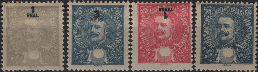 0828.jpg -     Lote:    828            Índia       Descrição:         1903 &mdash; D. Carlos I Mouchon. Novas cores e valores. Lote com 4 selos: Mf185, 1 real cinzento + Mf189, 3 reis azul, ambos com o valor muito deslocado + Mf191, 1Tg rosa com o valor invertido e deslocado + Mf189, (3 reis) azul, sem impressão do valor.         **       Valor Base:     &euro; 25,00     Valor Venda:     &euro;      
