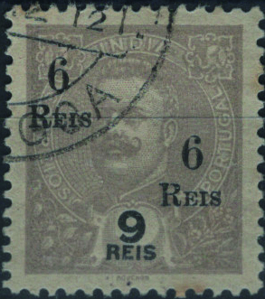 0831.jpg -     Lote:    831            Índia       Descrição:         1911/13 &mdash; D. Carlos I Mouchon. Selos de 1898/1900 perfurados ao meio, com sobretaxa. Sobretaxa A. Mf221a, 6 reis s/ 9 reis lilás cinzento. Exemplar usado SEM PERFURAÇÂO ao meio. Não catalogado.         O       Valor Base:     &euro; 10,00     Valor Venda:     &euro;      