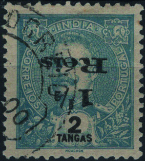 0834.jpg -     Lote:    834            Índia       Descrição:         1901 &mdash; D. Carlos I Mouchon, com sobretaxa. Mf266, 1 &frac12; reis s/ 2 Tangas, tipo III (1 com ponta curta), denteado 11 Ÿ. Exemplar usado sem defeitos nem reparações com a SOBRETAXA INVERTIDA. Não catalogada neste tipo.         O       Valor Base:     &euro; 50,00     Valor Venda:     &euro;      