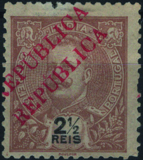 0835.jpg -     Lote:    835            Índia       Descrição:         1914 &mdash; D. Carlos I Mouchon. Selos de 1903 com sobrecarga REPUBLICA local. MF274, 2 &frac12; reis, castanho amarelo. Exemplar com DUPLA sobrecarga.         *       Valor Base:     &euro; 12,00     Valor Venda:     &euro;      