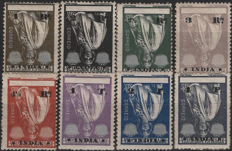 0836.jpg -     Lote:    836            Índia       Descrição:         1914 &mdash; Ceres. Lote com 8 selos, todos em papel porcelana, denteado 15x14 e com IMPRESSÃO INVERTIDA do valor e da legenda: MF254, 1 real estrelas II/II + MF256, 2 reis preto, estrelas II/II, MF257, 2 &frac12; reis verde-oliva, estrelas II/II, MF258, 3 reis lilás claro, estrelas II/I + MF259, 4 &frac12; reis tijolo, estrelas II/II + MF264, 1T violeta claro, estrelas II/II + MF265, 2T azul escuro, estrelas II/II e MF267, 4T ardósia, estrelas II/II. Exemplares com boa cor, sem defeitos nem reparações.         **       Valor Base:     &euro; 80,00     Valor Venda:     &euro;      