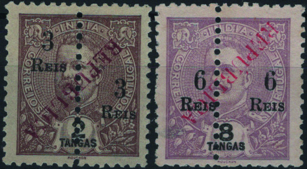 0838.jpg -     Lote:    838            Índia       Descrição:         1914 &mdash; D. Carlos I Mouchon. Selos de 1911/13, perfurados ao meio e com sobretaxa, com sobrecarga REPUBLICA tipografada localmente. MF291, 3 reis s/ 2 tangas + MF294, 6 reis s/ 8 tangas (com ligeira transparência). Exemplares com a sobrecarga INVERTIDA.         *       Valor Base:     &euro; 20,00     Valor Venda:     &euro;      