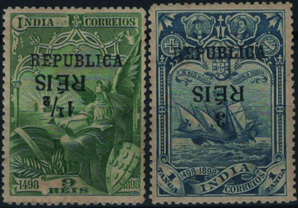 0839.jpg -     Lote:    839            Índia       Descrição:         1914 &mdash; 4.º Centenário da Descoberta do Caminho Marítimo para a Índia, com sobrecarga REPUBLICA e sobretaxa. Lote com dois selos: Mf306a, 1 &frac12; s/ 9 reis verde-amarelo + Mf307a, 3 reis s/ 1Tg azul escuro. Exemplares com goma original, sem defeitos nem reparações com a SOBRETAXA INVERTIDA. Valor de catálogo &euro; 70.00.         ***       Valor Base:     &euro; 15,00     Valor Venda:     &euro;      