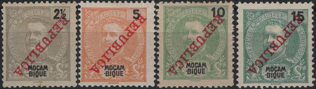 0845.jpg -     Lote:    845            Moçambique       Descrição:         1911 &mdash; D. Carlos I Mouchon, com sobrecarga REPUBLICA da Casa da Moeda. Lote de 4 selos, das taxas de 2 &frac12;, 5, 10 e 15 reis, MF103/106 com a sobrecarga INVERTIDA. Selos de 2 &frac12;, 5 e 15 sem goma e restante com goma e charneira. R.         **/*       Valor Base:     &euro; 20,00     Valor Venda:     &euro;      
