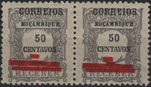 0848.jpg -     Lote:    848            Moçambique       Descrição:         1929 &mdash; Selo da Emissão Regular de Porteado, com sobretaxa. MF260a, 50c violeta cinzento. Par horizontal com DUPLAS BARRAS. Valor de catálogo &euro; 50,00.         **       Valor Base:     &euro; 15,00     Valor Venda:     &euro;      