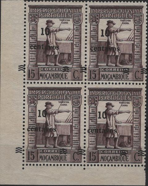 0850.jpg -     Lote:    850            Moçambique       Descrição:         1946 &mdash; Império Colonial Português, com sobretaxa. MF316, 10c s/ 15c castanho violeta. Quadra com SOBRETAXA DESLOCADA. Não catalogada.         *       Valor Base:     &euro; 25,00     Valor Venda:     &euro;      