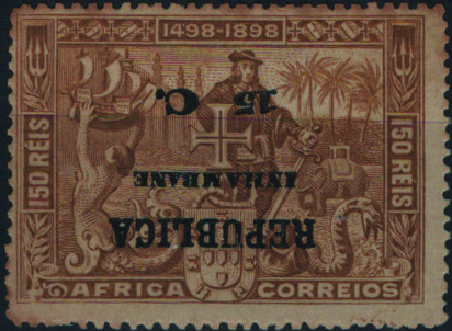 0855.jpg -     Lote:    855            Inhambane       Descrição:         1913 &mdash; 4.º Centenário da Descoberta do Caminho Marítimo para a Índia, sobrecarga e sobretaxa sobre selos de África. Mf54a, 15c s/ 150 reis bistre. Exemplar com goma original e charneira, vestígios de óxido e com a SOBRETAXA INVERTIDA. Valor de catálogo &euro; 100.00.         **       Valor Base:     &euro; 20,00     Valor Venda:     &euro;      