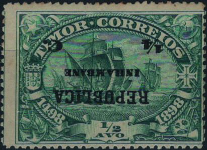 0857.jpg -     Lote:    857            Inhambane       Descrição:         1913 &mdash; 4.º Centenário da Descoberta do Caminho Marítimo para a Índia, sobrecarga e sobretaxa sobre selos de Timor. Mf63a, &frac14; c s/ &frac12; avo verde azul. Exemplar com goma original e charneira, sem defeitos nem reparações e com a SOBRETAXA INVERTIDA. Valor de catálogo &euro; 100.00.         **       Valor Base:     &euro; 25,00     Valor Venda:     &euro;      