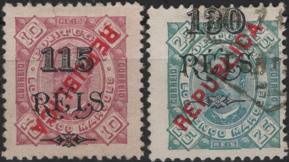 0858.jpg -     Lote:    858            Lourenço Marques       Descrição:         1914 &mdash; D. Carlos I, tipo Diogo Neto, com sobrecarga REPUBLICA tipografada localmente. Lote composto por selo novo sem goma de 115 s/ 10 reis, Mf133a, com a SOBRECARGA INVERTIDA + selo usado de 130 reis s/ 25 reis, denteado 11 Ÿ, Mf136, com a SOBRETAXA DESLOCADA. Exemplares sem defeitos nem reparações.         */O       Valor Base:     &euro; 20,00     Valor Venda:     &euro;      