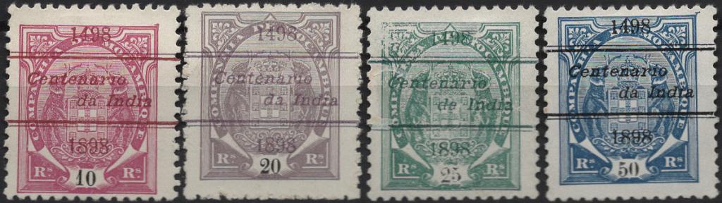 0860.jpg -     Lote:    860            Companhia de Moçambique       Descrição:         1898 &mdash; Elefantes com sobrecarga "Centenário / da Índia 1498-1898. Lote com 4 selos de 10, 20, 25 e 50 reis, Mf31, 33, 34 e 35. Exemplares novos sem goma como emitidos, em denteado 11 Ÿ, papel porcelana, tidos como FALSOS.         *       Valor Base:     &euro; 25,00     Valor Venda:     &euro;      