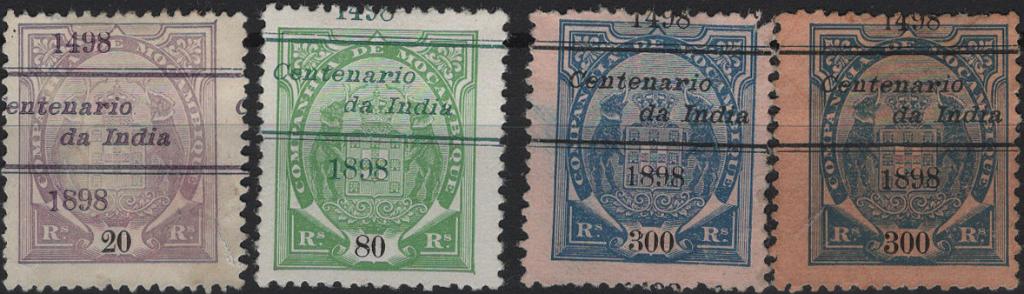 0861.jpg -     Lote:    861            Companhia de Moçambique       Descrição:         1898 &mdash; Elefantes com sobrecarga "Centenário / da Índia 1498-1898. Lote com 4 selos de 20, 80 e 2x300 reis, Mf33, 37 e 41. Exemplares novos sem goma como emitidos, com as SOBRECARGAS DESLOCADAS.         *       Valor Base:     &euro; 25,00     Valor Venda:     &euro;      