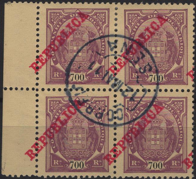 0862.jpg -     Lote:    862            Companhia de Moçambique       Descrição:         1911 &mdash; Elefantes com sobrecarga REPUBLICA da Casa da Moeda. Mf91, 700 reis violeta s/ amarelo. Quadra usada, com s SOBRECARGA DESLOCADA. Exemplar sem defeitos nem reparações.         O       Valor Base:     &euro; 15,00     Valor Venda:     &euro;      