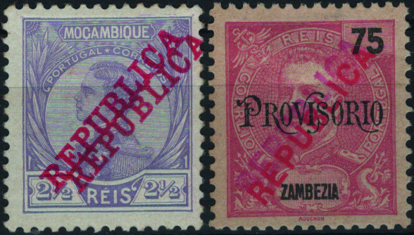 0868.jpg -     Lote:    868            Zambézia       Descrição:         1912/17 &mdash; D. Manuel II, com sobrecarga REPUBLICA da Casa da Moeda de Moçambique. Mf118, 2 &frac12; reis + D. Carlos I Mouchon com sobrecarga REPUBLICA tipografada localmente, sobre selos de 1903 "PROVISORIO" da Zambézia. Mf80, 75 reis carmim. Ambos com DUPLA SOBRECARGA.         **/*       Valor Base:     &euro; 20,00     Valor Venda:     &euro;      