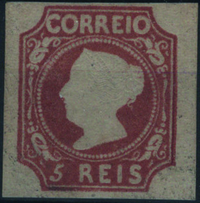 0874.jpg -     Lote:    874            Portugal        Descrição:         1853 &mdash; D. Maria II. MF1, 5 reis castanho vermelho, cunho I, com goma não original, com assinatura no verso "M.A.", com duas margens curtas e duas largas. Certificado de peritagem de Leilões P. Dias, Lda. Valor de catálogo &euro; 3.400,00.         (*)       Valor Base:     &euro; 250,00     Valor Venda:     &euro;      