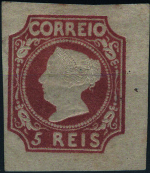 0875.jpg -     Lote:    875            Portugal        Descrição:         1853 &mdash; D. Maria II. MF1, 5 reis castanho avermelhado, cunho I, com duas margens de luxo, uma normal e uma curta. Exemplar sem reparações com um muito ligeiro ponto transparente. Certificado de peritagem do NFACP. Valor de catálogo &euro; 5.200.00.         **       Valor Base:     &euro; 500,00     Valor Venda:     &euro;      