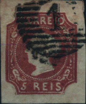 0877.jpg -     Lote:    877            Portugal        Descrição:         1853 &mdash; D. Maria I. MF1, 5 reis castanho avermelhado, cunho II, com três margens de luxo e uma normal. Exemplar sem defeitos nem reparações. Valor de catálogo &euro; 1.800.00.         O       Valor Base:     &euro; 175,00     Valor Venda:     &euro;      
