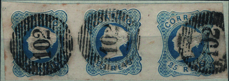0881.jpg -     Lote:    881            Portugal        Descrição:         1853 &mdash; D. Maria II. Mf2, 25 reis azul, cunho I. Tira horizontal com 3 selos, com margens normais a luxo, obliterada com carimbo numérico da 1.ª reforma, batido a preto "102 &mdash; VIANA", tipo 5.10.5. MB e R.         O       Valor Base:     &euro; 60,00     Valor Venda:     &euro;      