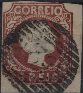 0886.jpg -     Lote:    886            Portugal        Descrição:         1855/56 &mdash; D. Pedro V. Cabelos lisos. Mf5, 5 reis castanho vermelho, tipo IV, com duas margens curtas e dias largas. Valor de catálogo &euro; 1.700,00.         O       Valor Base:     &euro; 125,00     Valor Venda:     &euro;      