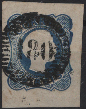 0887.jpg -     Lote:    887            Portugal        Descrição:         1855/56 &mdash; D. Pedro V. Cabelos lisos. Mf6, 25 reis azul, tipo II, com três margens de luxo e uma normal, obliterado com carimbo numérico da 1.º reforma "180 &mdash; CHAVES".         O       Valor Base:     &euro; 15,00     Valor Venda:     &euro;      