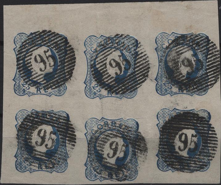 0888.jpg -     Lote:    888            Portugal        Descrição:         1855/56 &mdash; D. Pedro V. Cabelos lisos. Mf7, 25 reis azul, tipo II (pérolas juntas). Bloco com 6 selos, com margens excecionais, provável canto de folha, obliterado com carimbo numérico da 1.ª reforma "95 &mdash; POMBAL", tipo 8.6.8. Exemplar de grande raridade, sem defeitos nem reparações.         O       Valor Base:     &euro; 300,00     Valor Venda:     &euro;      