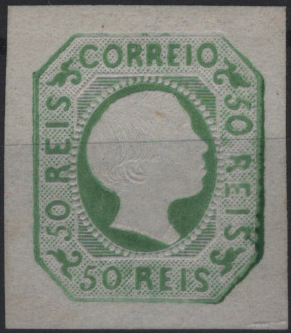 0889.jpg -     Lote:    889            Portugal        Descrição:         1855/56 &mdash; D. Pedro V. Cabelos lisos. Mf8, 50 reis verde amarelo, com margens largas e equilibradas, sem goma, sem defeitos nem reparações. Certificado de peritagem de Peter Holcombe. Valor de catálogo &euro; 450,00.         *       Valor Base:     &euro; 40,00     Valor Venda:     &euro;      