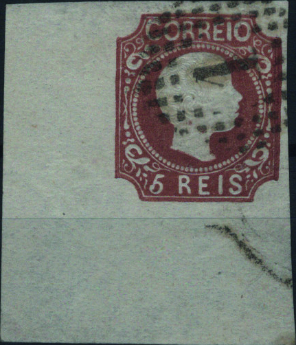 0893.jpg -     Lote:    893            Portugal        Descrição:         1856/58 &mdash; D. Pedro V. Cabelos anelados. Mf10k, 5 reis castanho, cunho IV. Exemplar canto de folha, com uma margem curta e outra normal, sem defeitos nem reparações. MB. Valor de catálogo &euro; 265,00.         O       Valor Base:     &euro; 60,00     Valor Venda:     &euro;      