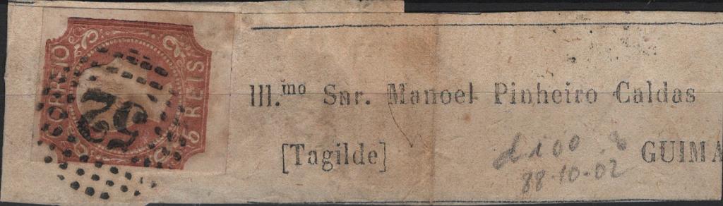 0895.jpg -     Lote:    895            Portugal        Descrição:         1856/58 &mdash; D. Pedro V. Cabelos anelados. Mf10, 5 reis, cunho II em cinta de jornal, circulada do Porto para Guimarães.         CNT       Valor Base:     &euro; 100,00     Valor Venda:     &euro;      