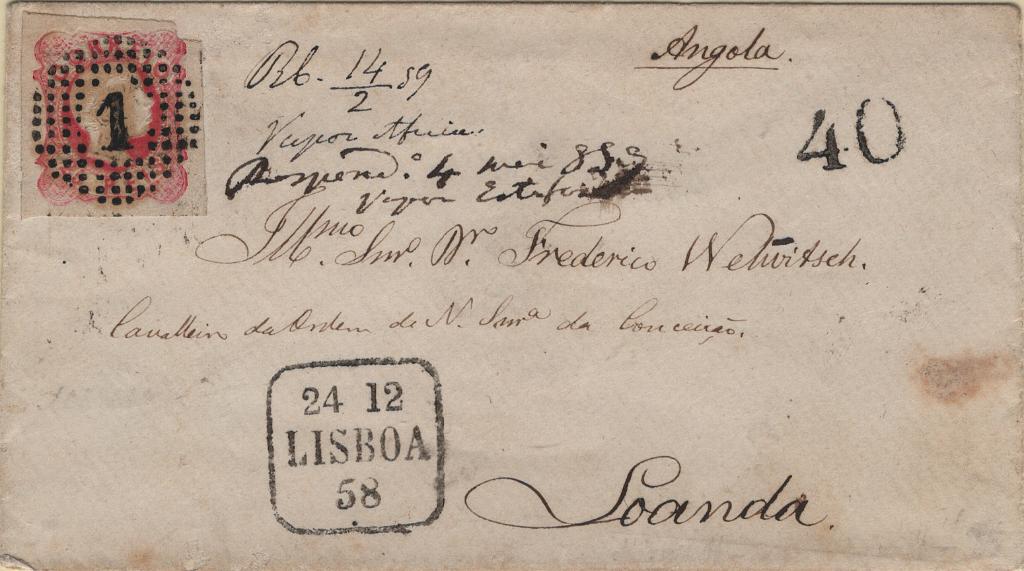 0899.jpg -     Lote:    899            Portugal        Descrição:         1856/58 &mdash; D. Pedro V. Cabelos anelados. Mf13, 25 reis carmim rosa, cunho IV, com 3 boas margens e uma curta, em sobrescrito circulado de Lisboa (24.12.58) para Luanda (14.02.59), para pagamento do porte territorial, porteada à chegada com 40 reis batido a preto. Sobrescrito dirigido a Frederico Welwitsch, notável botânico austríaco a quem se deve a descoberta Welwitschia Mirabilis. São muito raras as cartas remetidas para as ex-colónias neste período.         Carta       Valor Base:     &euro; 350,00     Valor Venda:     &euro;      