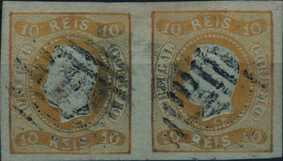 0903.jpg -     Lote:    903            Portugal        Descrição:         1866/67 &mdash; D. Luís I. Fita curva, não denteados. Mf20, 10 reis amarelo. Par horizontal, com boas margens, obliterado com carimbo numérico da 1.ª reforma, tipo 4.3.4 "15 &mdash; BATALHA". Valor de catálogo &euro; 530,00.         O       Valor Base:     &euro; 55,00     Valor Venda:     &euro;      