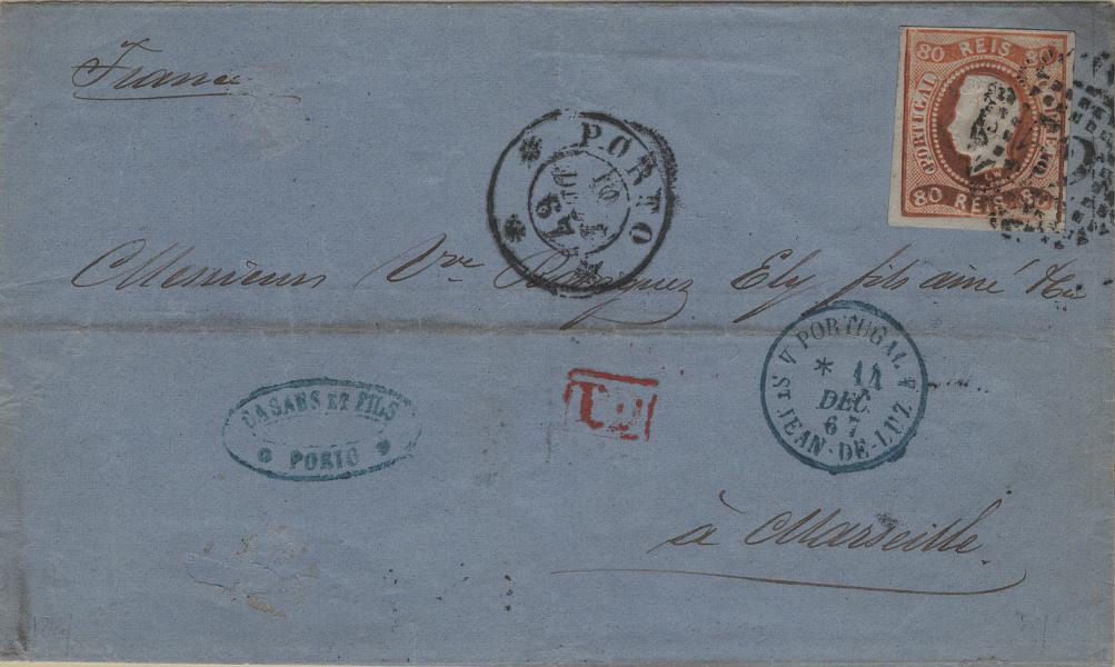 0905.jpg -     Lote:    905            Portugal        Descrição:         1866/67 &mdash; D. Luís I. Fita curva, não denteados. MF24, 80 reis laranja em carta circulada do Porto (10.12.67) para Marselha (15.12.67) com trânsito por S. Jean de Luz (11.12.67). B.         Carta       Valor Base:     &euro; 40,00     Valor Venda:     &euro;      