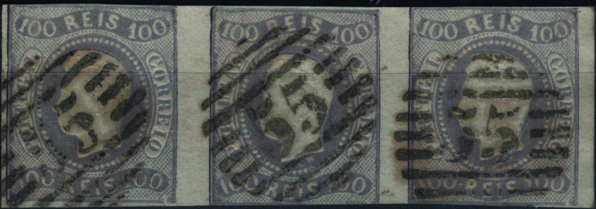 0906.jpg -     Lote:    906            Portugal        Descrição:         1866/67 &mdash; D. Luís I. Fita curva, não denteados. Mf25a, 100 reis lilás malva, cunho Ia. Tira horizontal com 3 selos, com três margens muito curtas, obliterada com carimbo numérico da 1.ª reforma, batido a preto "55 &mdash; BEMPOSTA", tipo 4.3.4. Valor de catálogo &euro; 540,00.         O       Valor Base:     &euro; 50,00     Valor Venda:     &euro;      