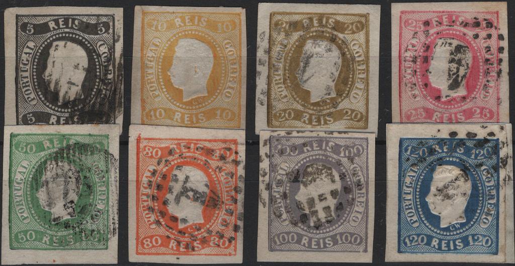 0908.jpg -     Lote:    908            Portugal        Descrição:         1866/67 &mdash; D. Luís I. Fita curva, não denteados. Mf 19/26. Série completa. Selos com margens muito largas. MB. Valor de catálogo &euro; 992,00.         O       Valor Base:     &euro; 60,00     Valor Venda:     &euro;      